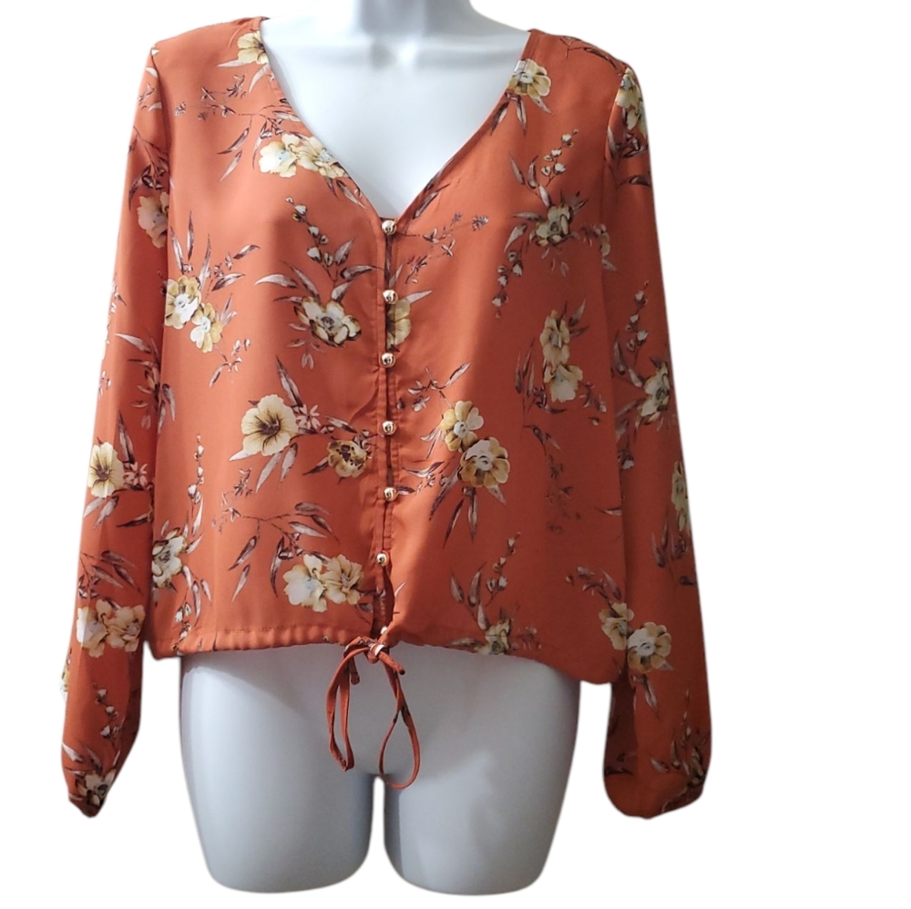 Wishful Park Womens Orange Floral Longsleeve Button Down Cropped Blouse
